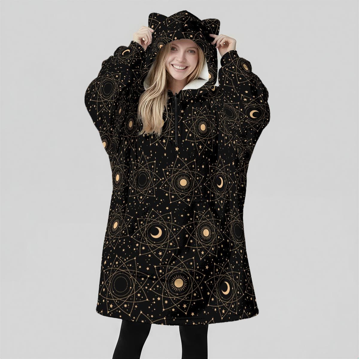 Wearable Blanket Hoodie, Cat Ear Lounge Dress, Starry Moon Hooded Housewear