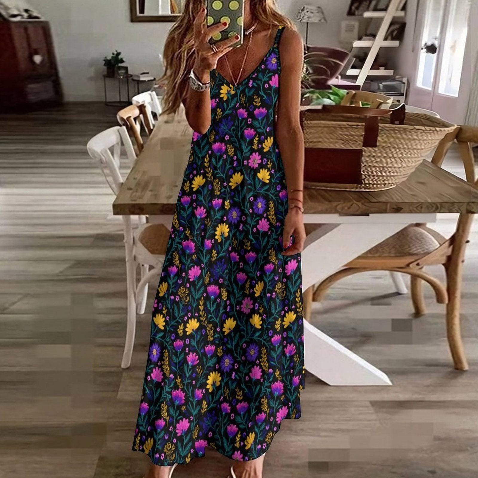 Wildflower Maxi Dress, Garden Party Sundress, Boho Meadow Slip Dress for Women