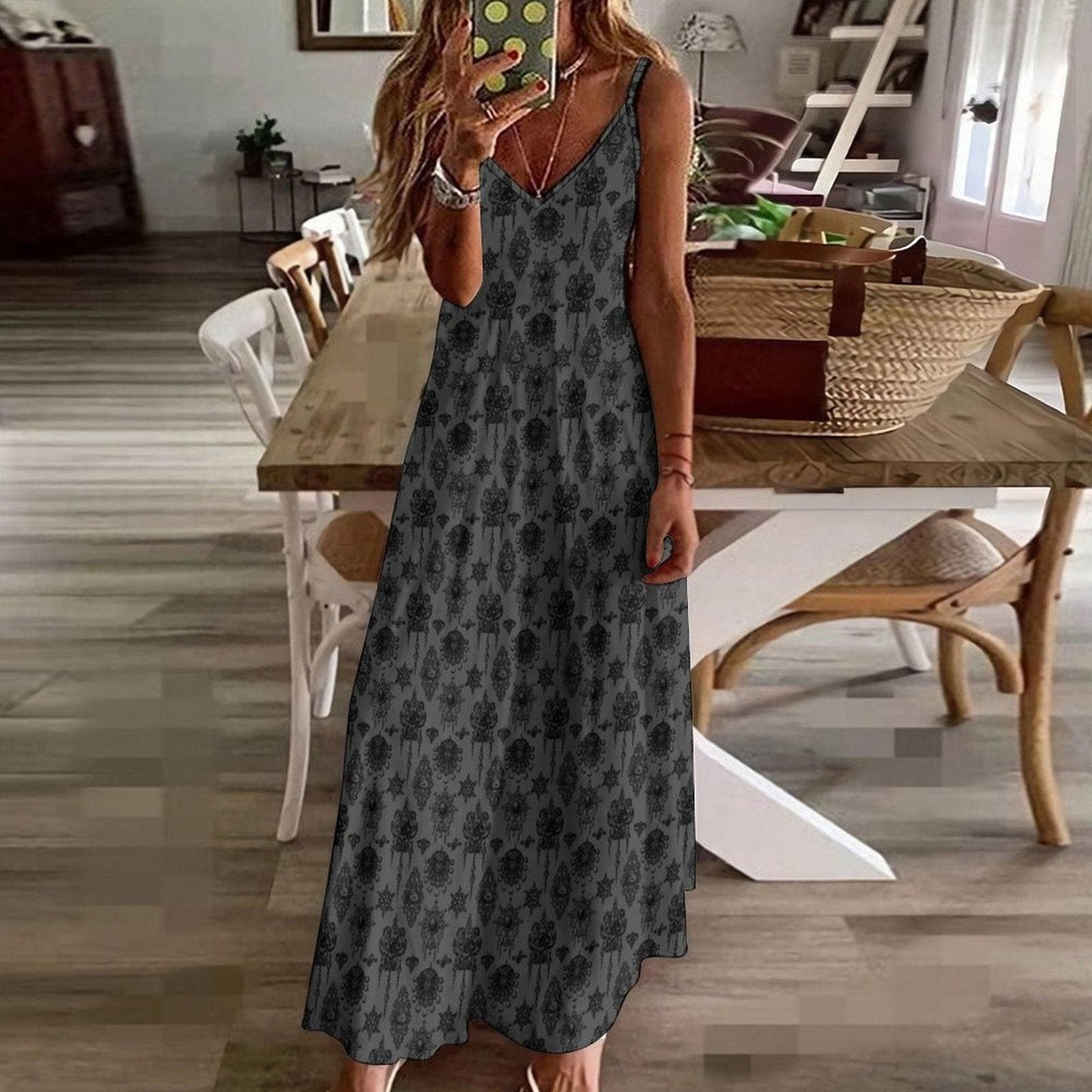 Gothic Slip Dress, Gray Damask Maxi Sundress, Dark Academia Summer Dress