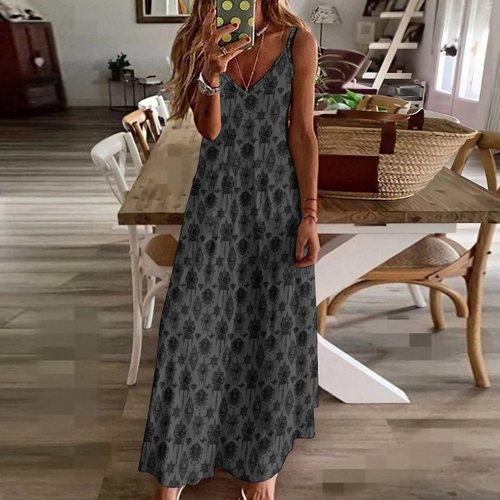 Gothic Slip Dress, Gray Damask Maxi Sundress, Dark Academia Summer Dress