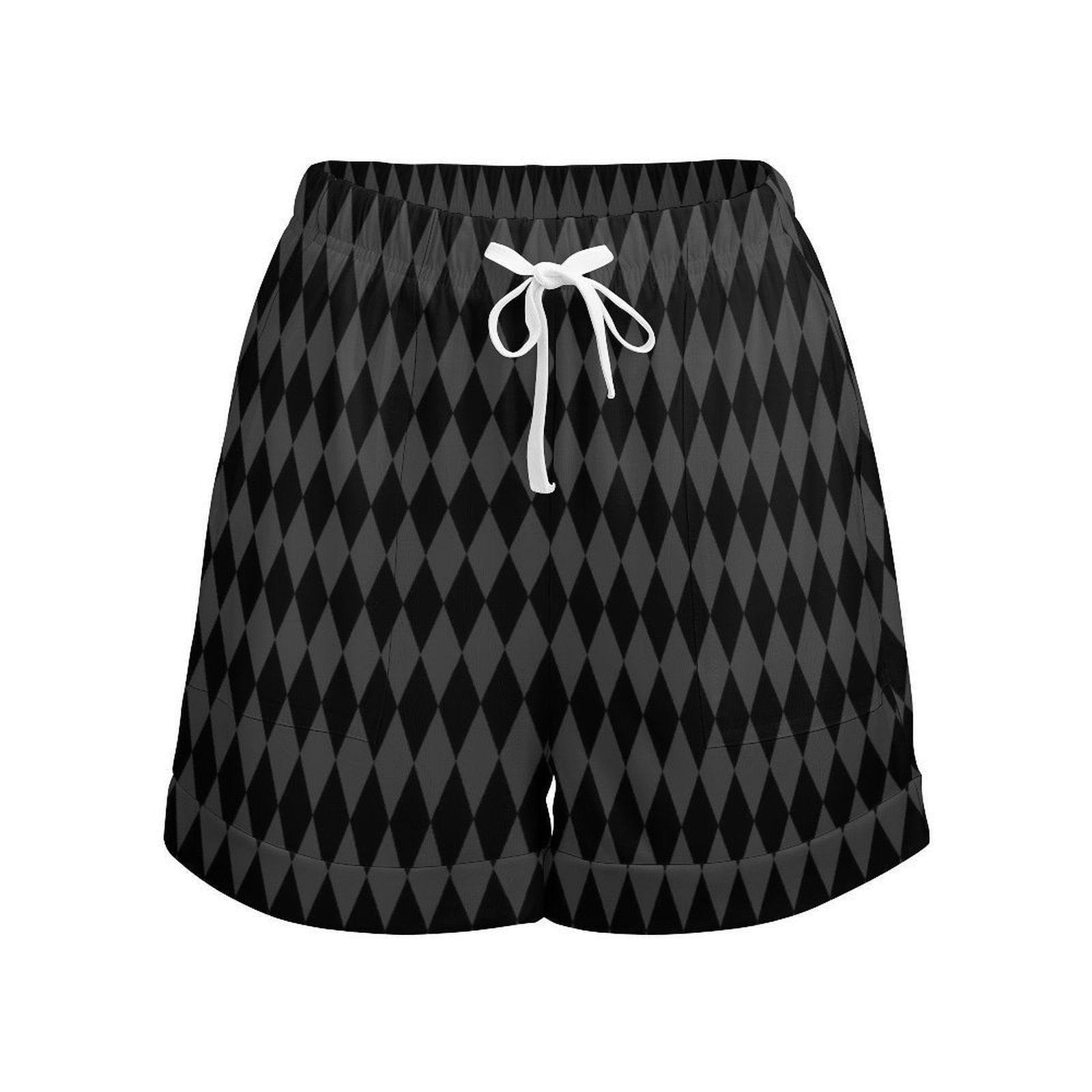 Black Harlequin Lounge Shorts, Goth Pajama Shorts, Diamond Print Sleep Shorts