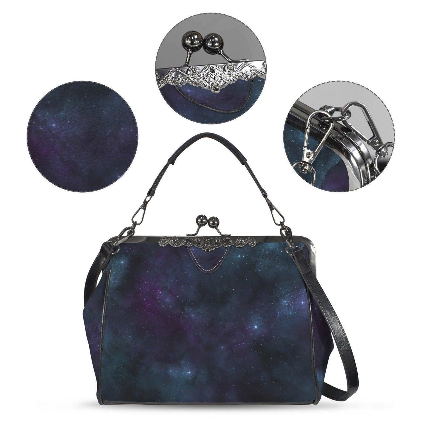Celestial Galaxy Kisslock Handbag, Nebula Frame Purse, Starry Night Top Handle Bag