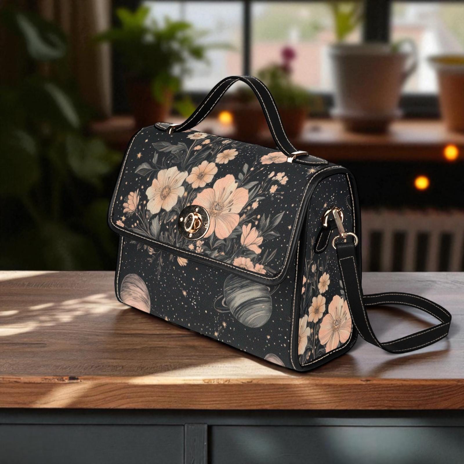 Celestial Floral Handbag, Planet Print Top Handle Purse, Dark Academia Satchel Bag