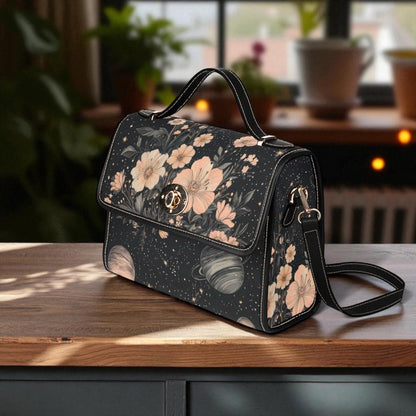 Celestial Floral Handbag, Planet Print Top Handle Purse, Dark Academia Satchel Bag