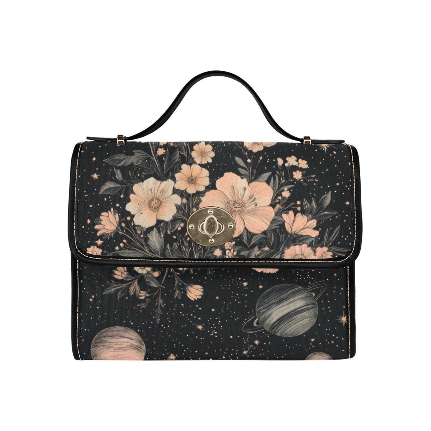 Celestial Floral Handbag, Planet Print Top Handle Purse, Dark Academia Satchel Bag