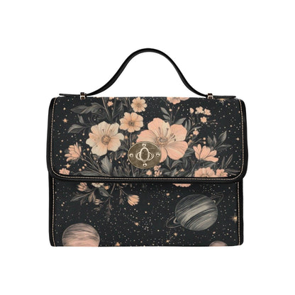 Celestial Floral Handbag, Planet Print Top Handle Purse, Dark Academia Satchel Bag