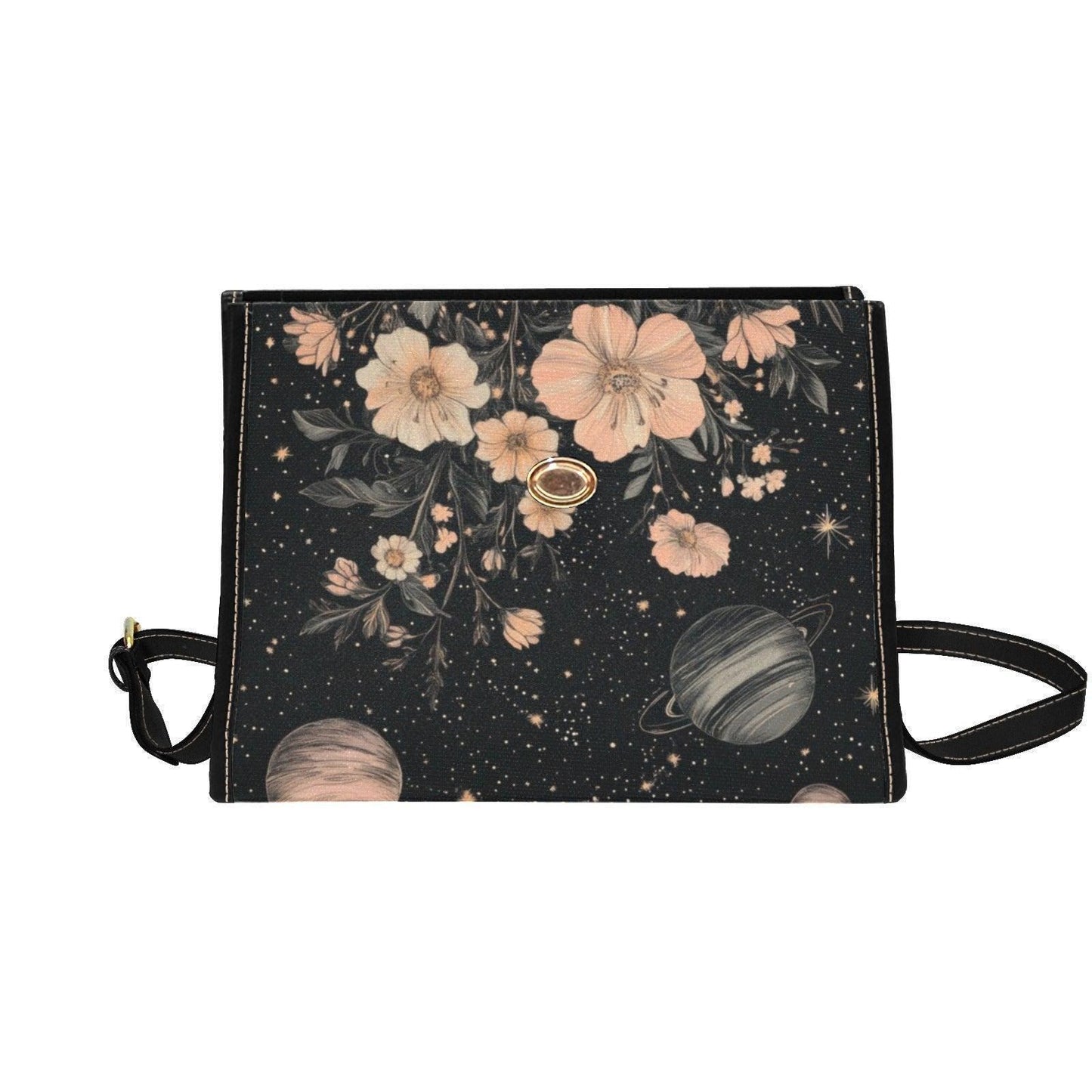 Celestial Floral Handbag, Planet Print Top Handle Purse, Dark Academia Satchel Bag