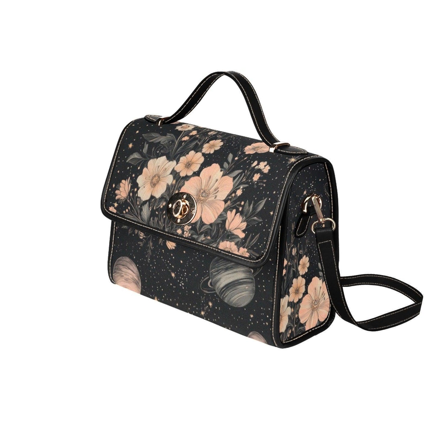Celestial Floral Handbag, Planet Print Top Handle Purse, Dark Academia Satchel Bag