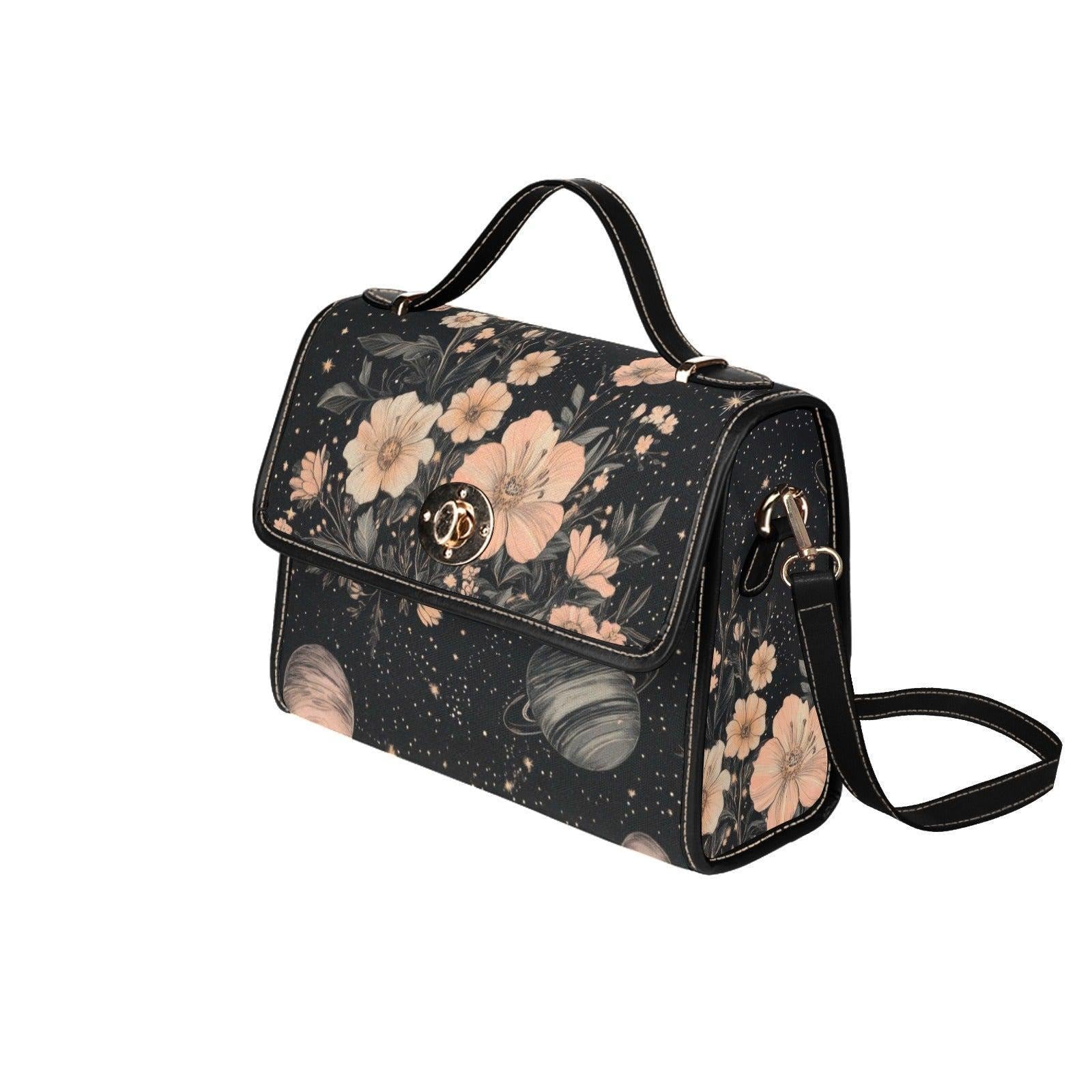 Celestial Floral Handbag, Planet Print Top Handle Purse, Dark Academia Satchel Bag