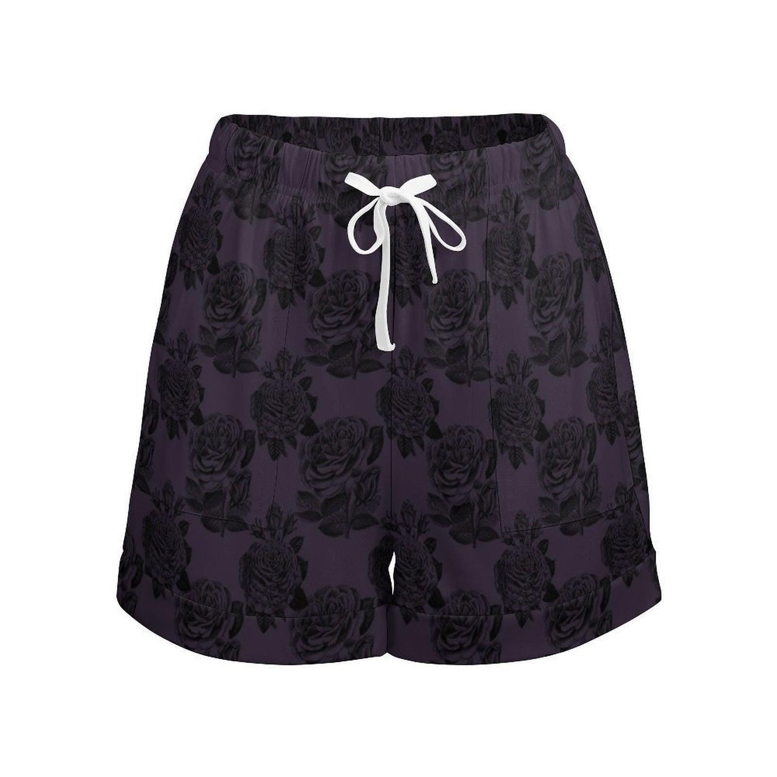 Rose Pajama Shorts for Women, Cottage Goth Sleep Shorts, Soft Drawstring Loungewear