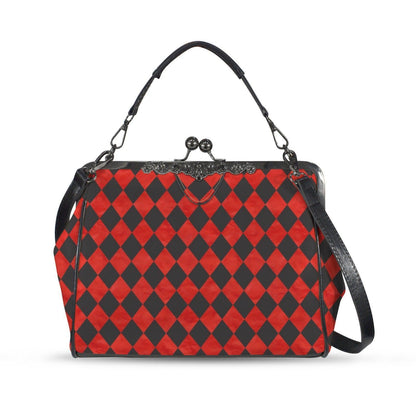 Red Black Harlequin Kisslock Handbag, Diamond Frame Purse, Queen Hearts Inspired Top Handle Bag, Wonderland Crossbody Party Purse