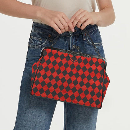 Red Black Harlequin Kisslock Handbag, Diamond Frame Purse, Queen Hearts Inspired Top Handle Bag, Wonderland Crossbody Party Purse