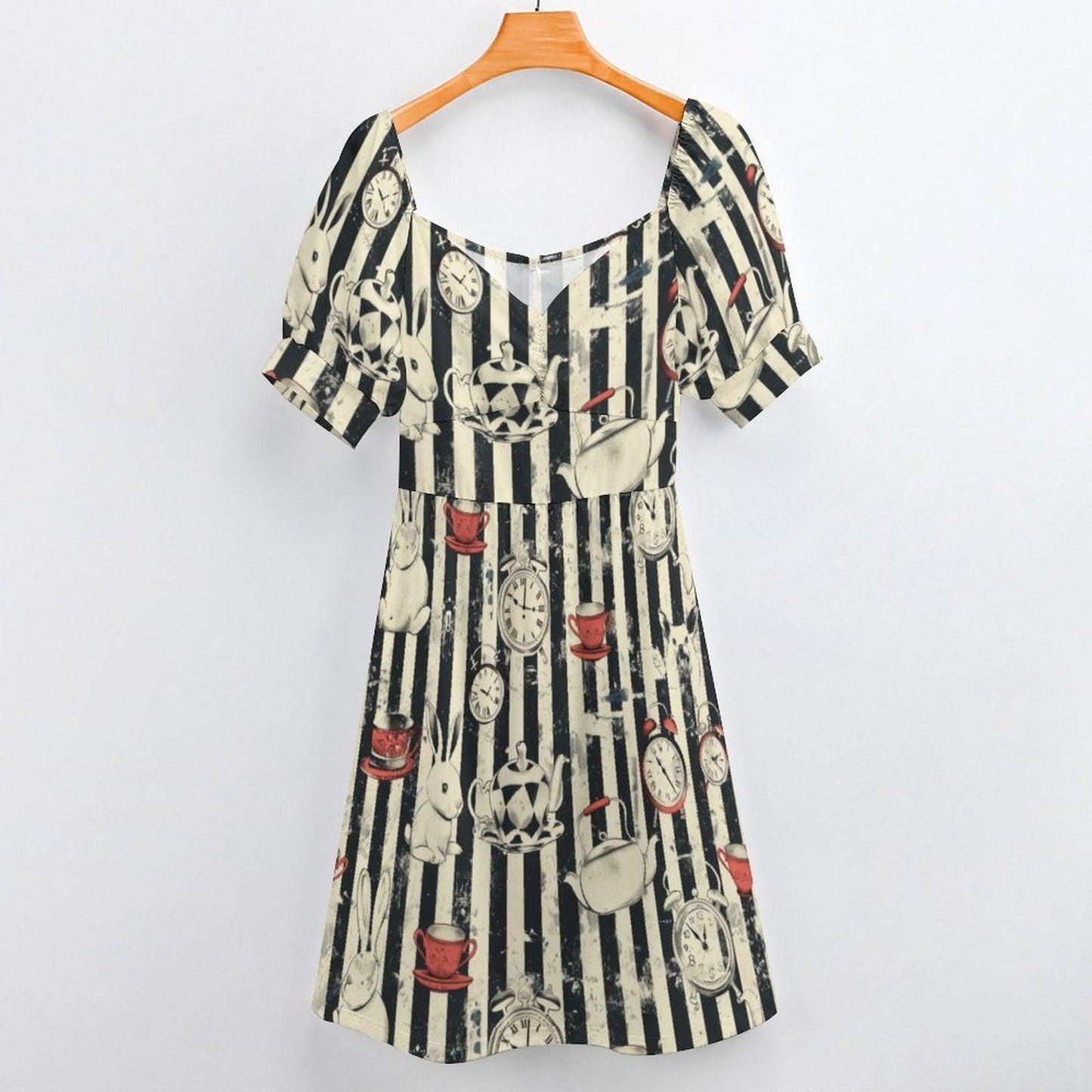 Wonderland Rabbit Midi Dress, Tea Party Clock Print, Striped Puff Sleeve Fantasy Dress, Vintage Storybook Style