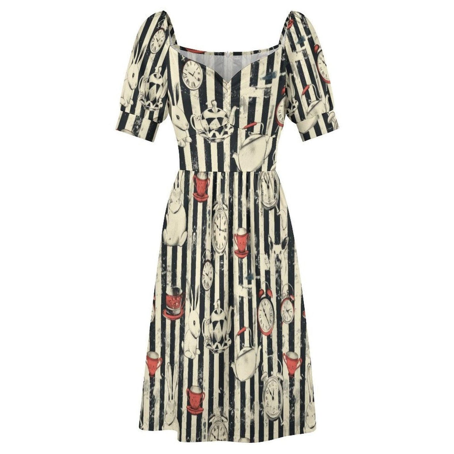 Wonderland Rabbit Midi Dress, Tea Party Clock Print, Striped Puff Sleeve Fantasy Dress, Vintage Storybook Style