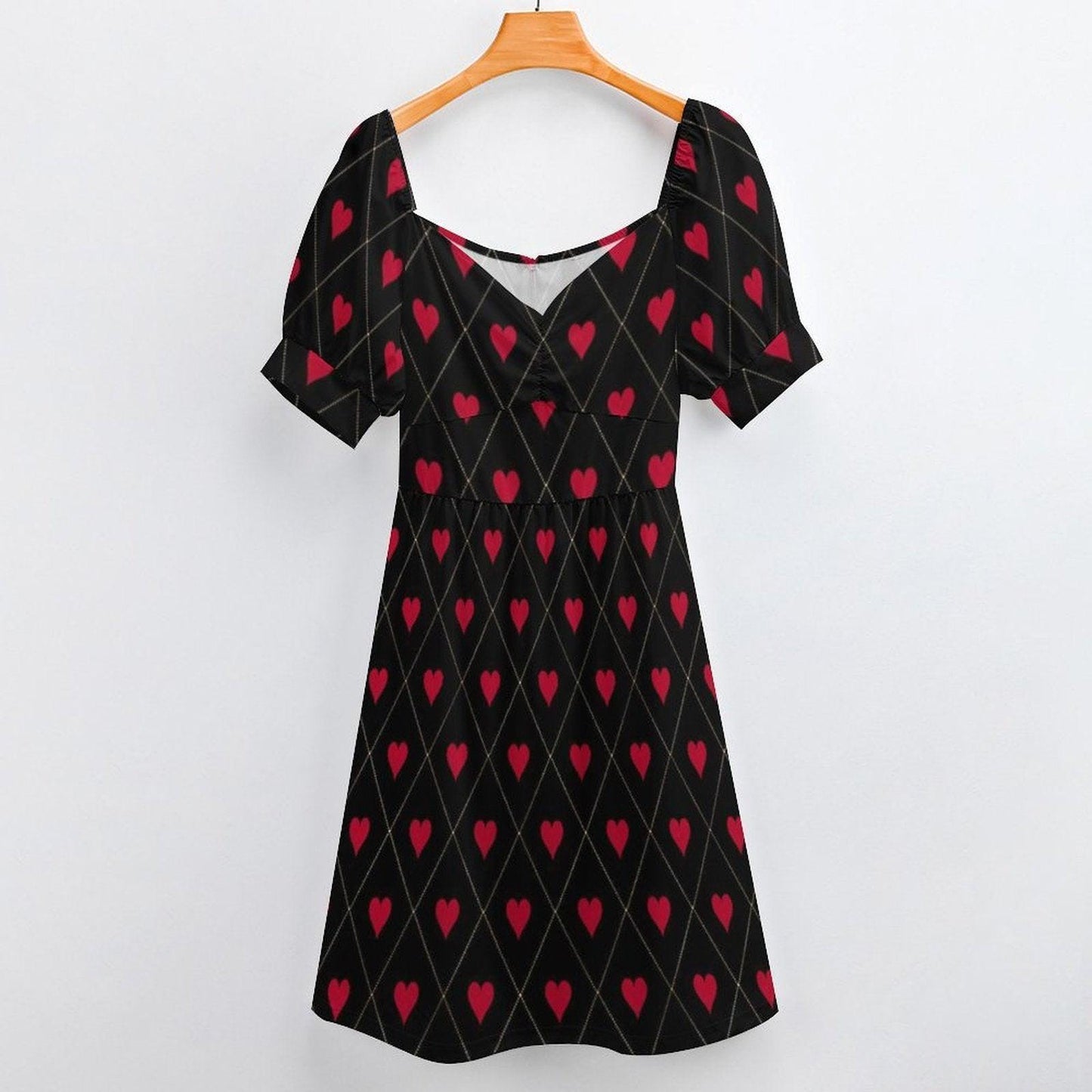 Gothic Valentine Dress Black Red Heart Print Puff Sleeve Midi Dress