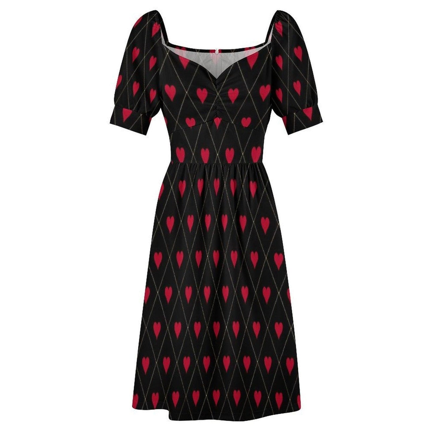 Gothic Valentine Dress Black Red Heart Print Puff Sleeve Midi Dress