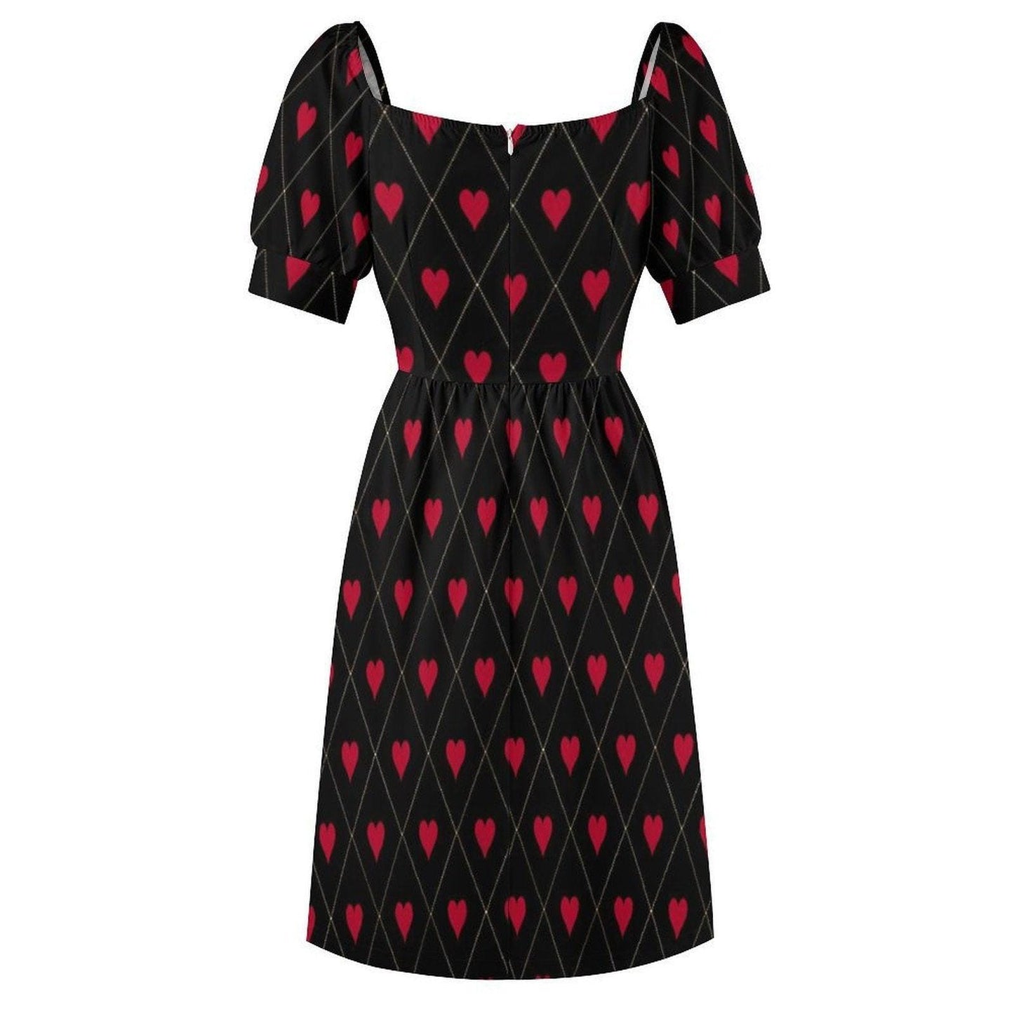 Gothic Valentine Dress Black Red Heart Print Puff Sleeve Midi Dress