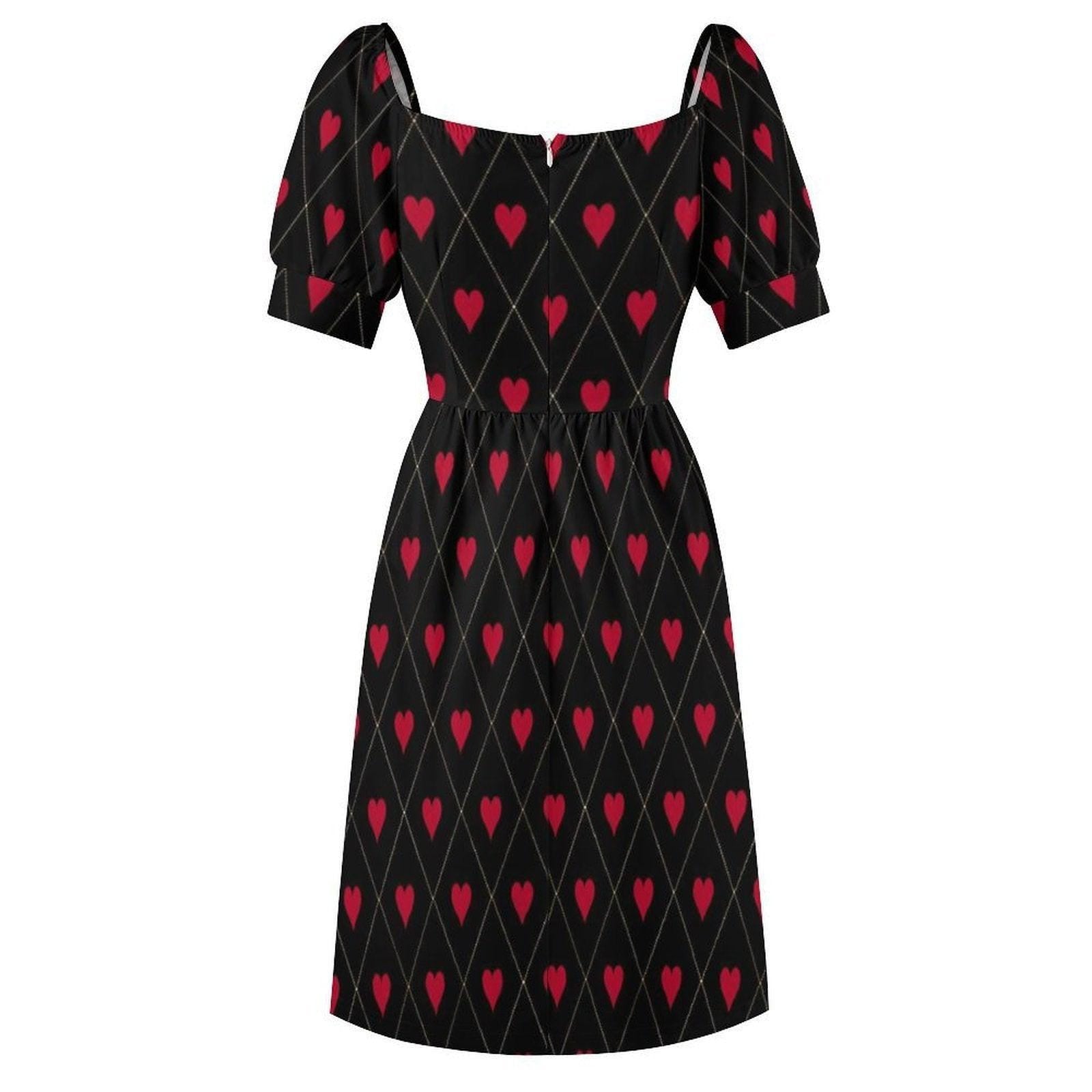 Gothic Valentine Dress Black Red Heart Print Puff Sleeve Midi Dress