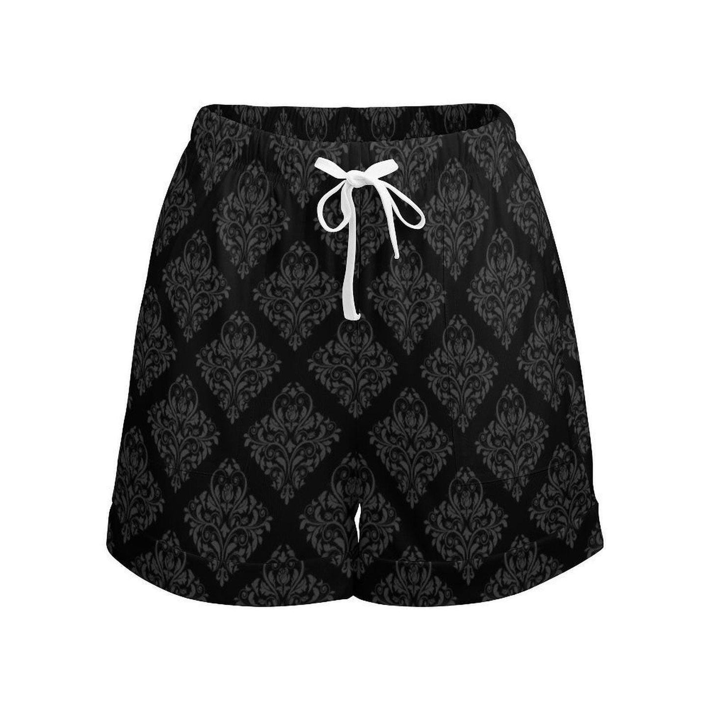Black Damask Lounge Shorts, Gothic Drawstring Pajama Shorts, Dark Cottagecore Bottoms