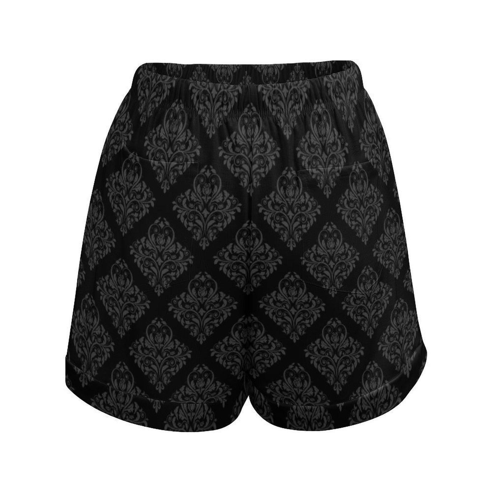 Black Damask Lounge Shorts, Gothic Drawstring Pajama Shorts, Dark Cottagecore Bottoms