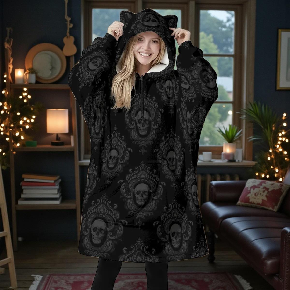 Cat Ear Hoodie Dress, Skull Damask Oversized Goth Hoodie, Cozy Alternative Loungewear