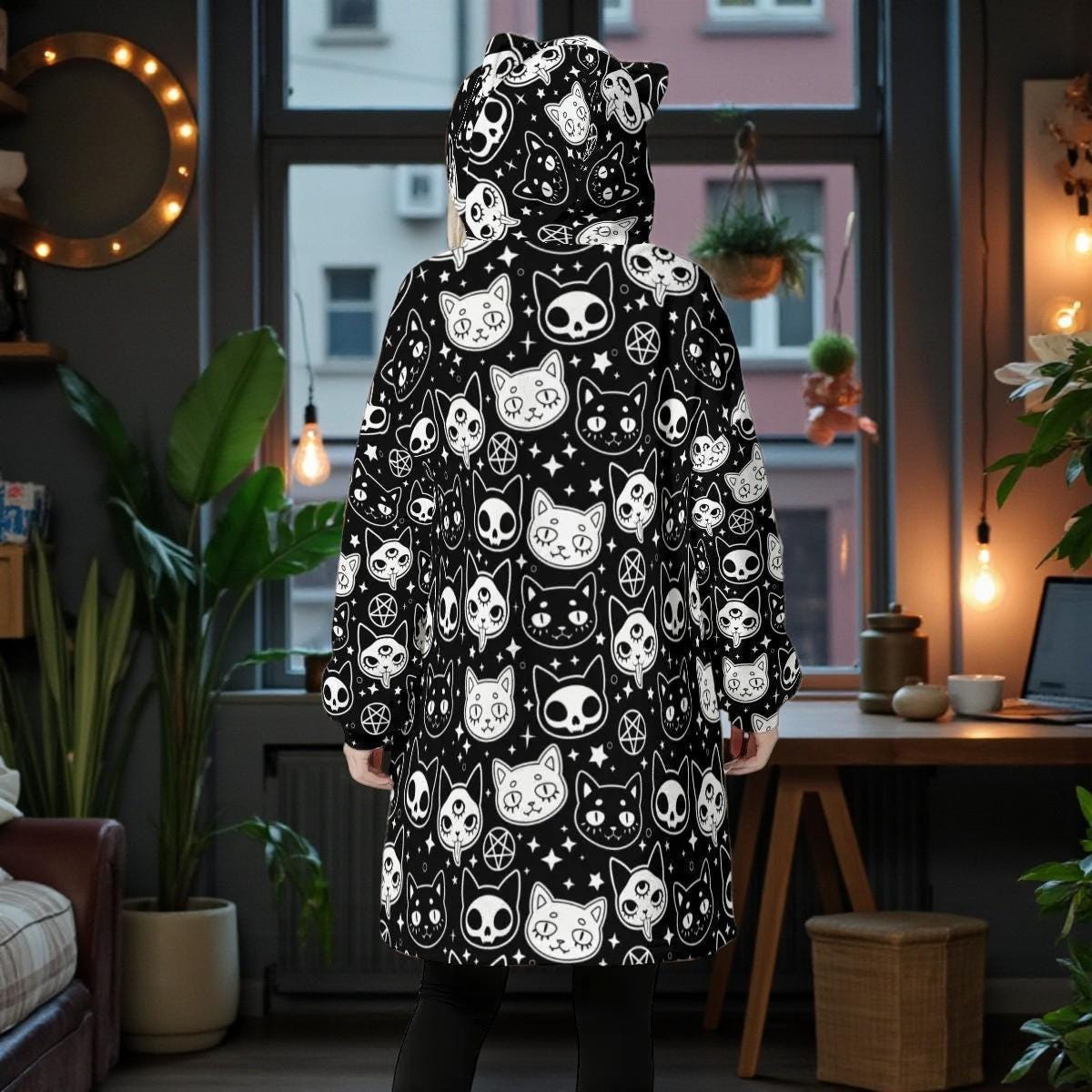 Wearable Blanket Hoodie, Cat Ear Hooded Blanket, Gothic Cat Loungewear Gift
