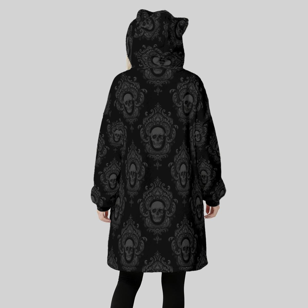 Cat Ear Hoodie Dress, Skull Damask Oversized Goth Hoodie, Cozy Alternative Loungewear