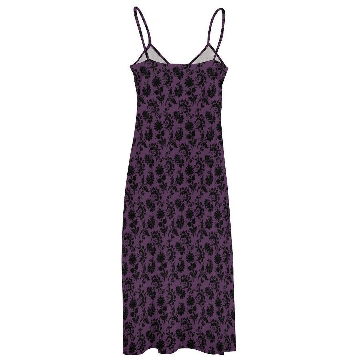 Plum Damask Maxi Dress, Dark Romantic Slip Sundress, Black Flocked Evening Outfit