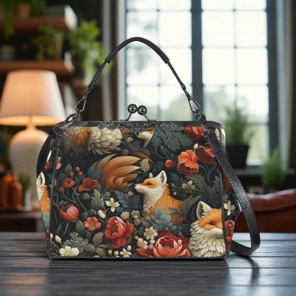 A handbag with a floral print featuring foxes and flowers is displayed on a wooden surface.