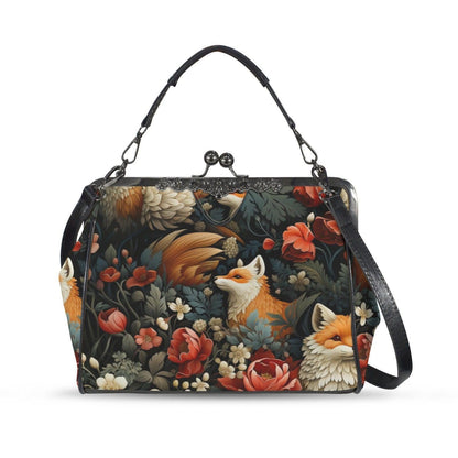 Fox Floral Kiss Lock Bag, Woodland Frame Purse, Cottagecore Top Handle Handbag