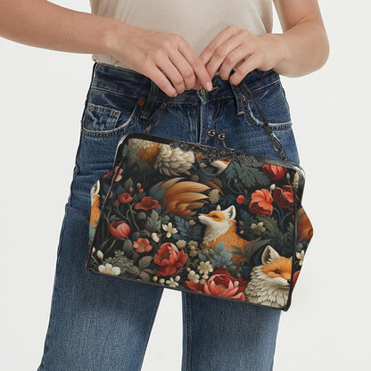 Fox Floral Kiss Lock Bag, Woodland Frame Purse, Cottagecore Top Handle Handbag