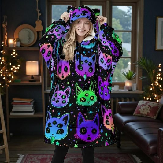 Wearable Blanket Hoodie, Neon Cat Hooded Blanket, Oversized Kawaii Lounger