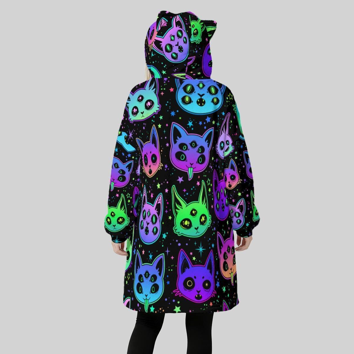 Wearable Blanket Hoodie, Neon Cat Hooded Blanket, Oversized Kawaii Lounger