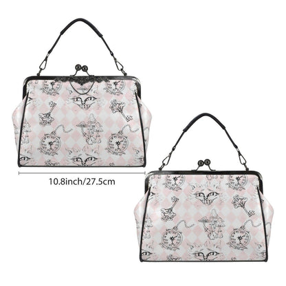 Kiss Lock Cat Handbag, Pastel Gothic Purse, Pink Harlequin Top Handle Bag