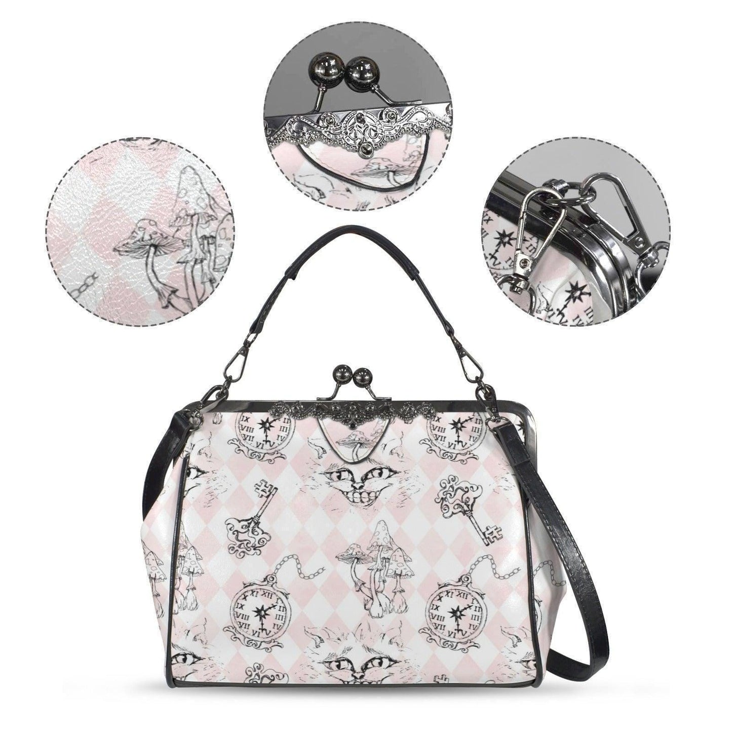 Kiss Lock Cat Handbag, Pastel Gothic Purse, Pink Harlequin Top Handle Bag