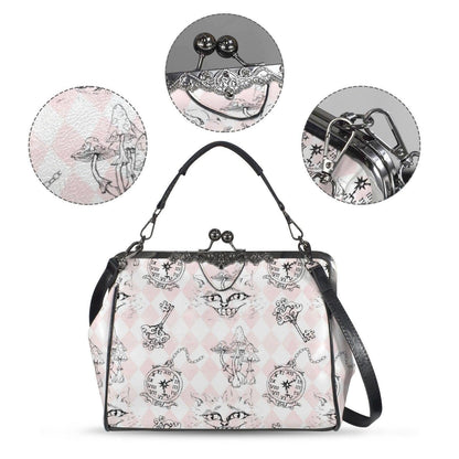 Kiss Lock Cat Handbag, Pastel Gothic Purse, Pink Harlequin Top Handle Bag