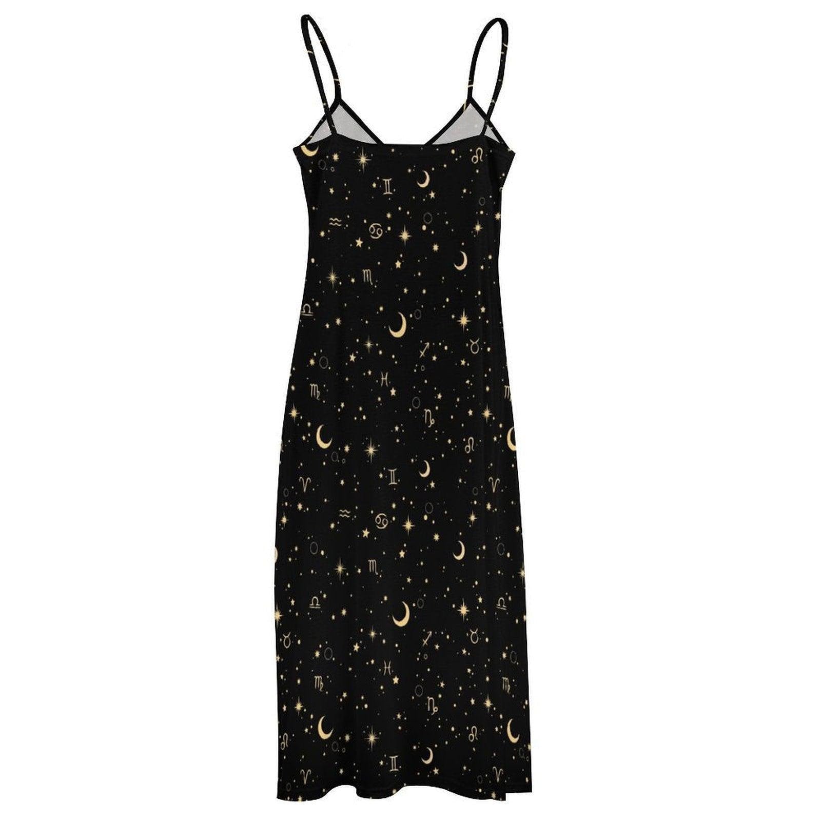 Astrology Maxi Dress, Zodiac Sign Slip Gown, Celestial Moon Star Boho Vacation Dress