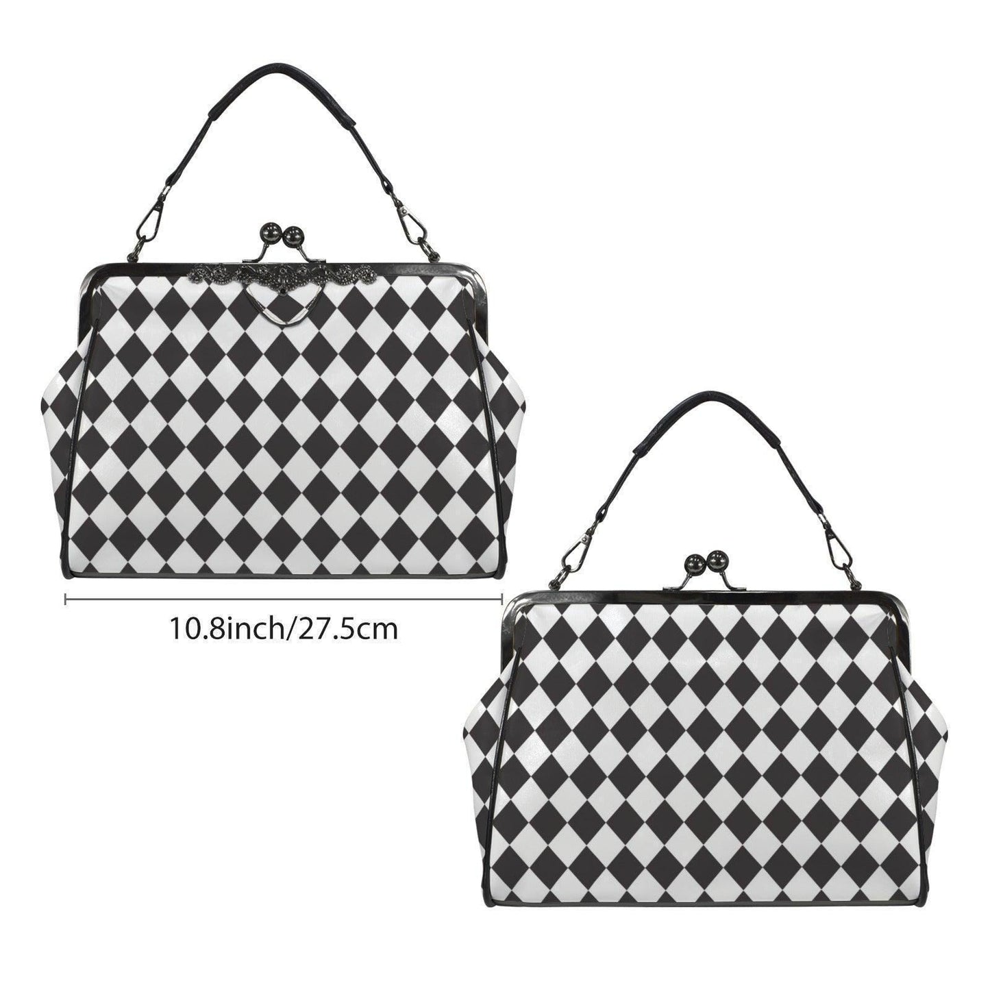 Harlequin Diamond Kisslock Handbag, Black White Frame Purse, Retro Wonderland Top Handle Bag