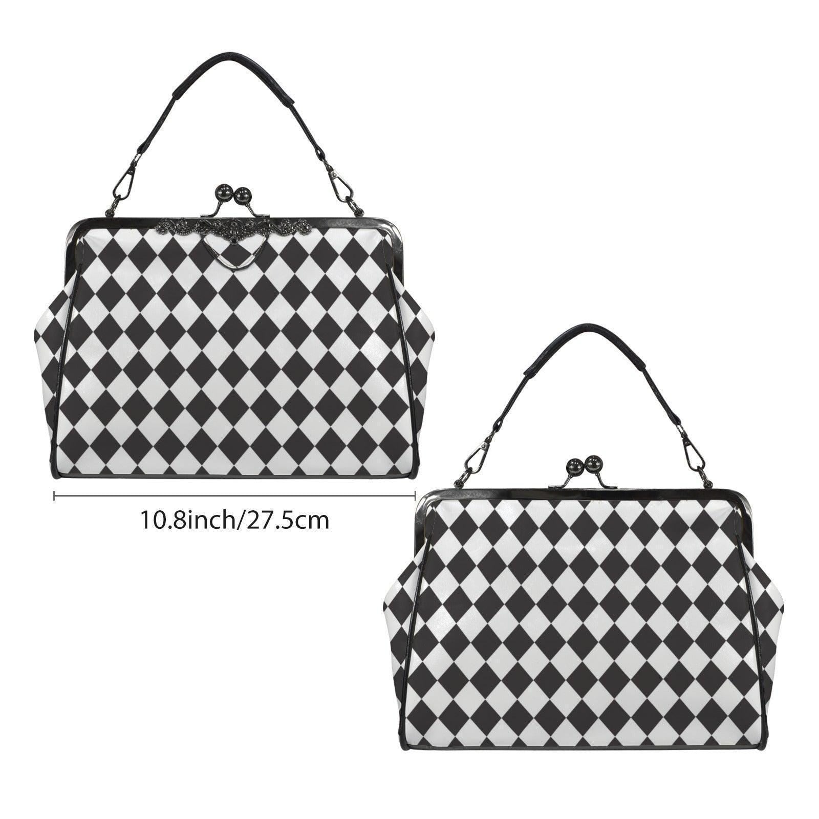 Harlequin Diamond Kisslock Handbag, Black White Frame Purse, Retro Wonderland Top Handle Bag