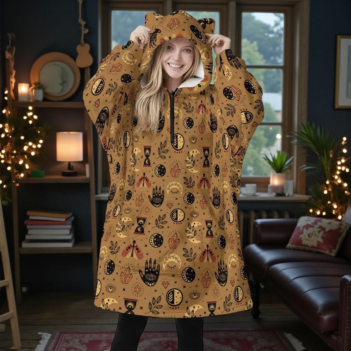 Oversized Cat Ear Hoodie, Boho Mystic Loungewear, Cozy Sherpa Zip Hoodie