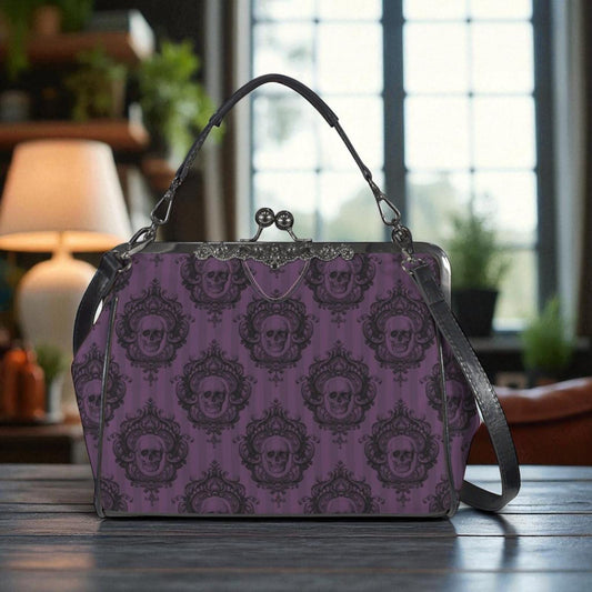 A purple purse with a skull pattern printed on it, sitting on a wooden surface.