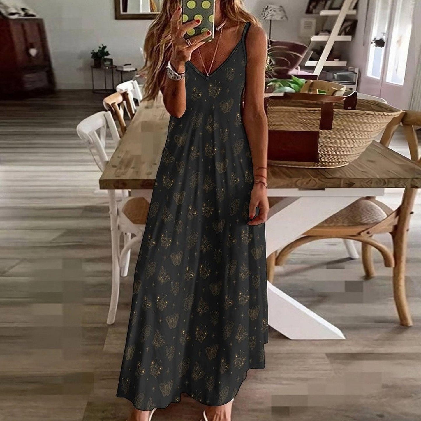 Celestial Butterfly Maxi Dress, Black Moth Slip Sundress, Boho Floral Vacation Outfit
