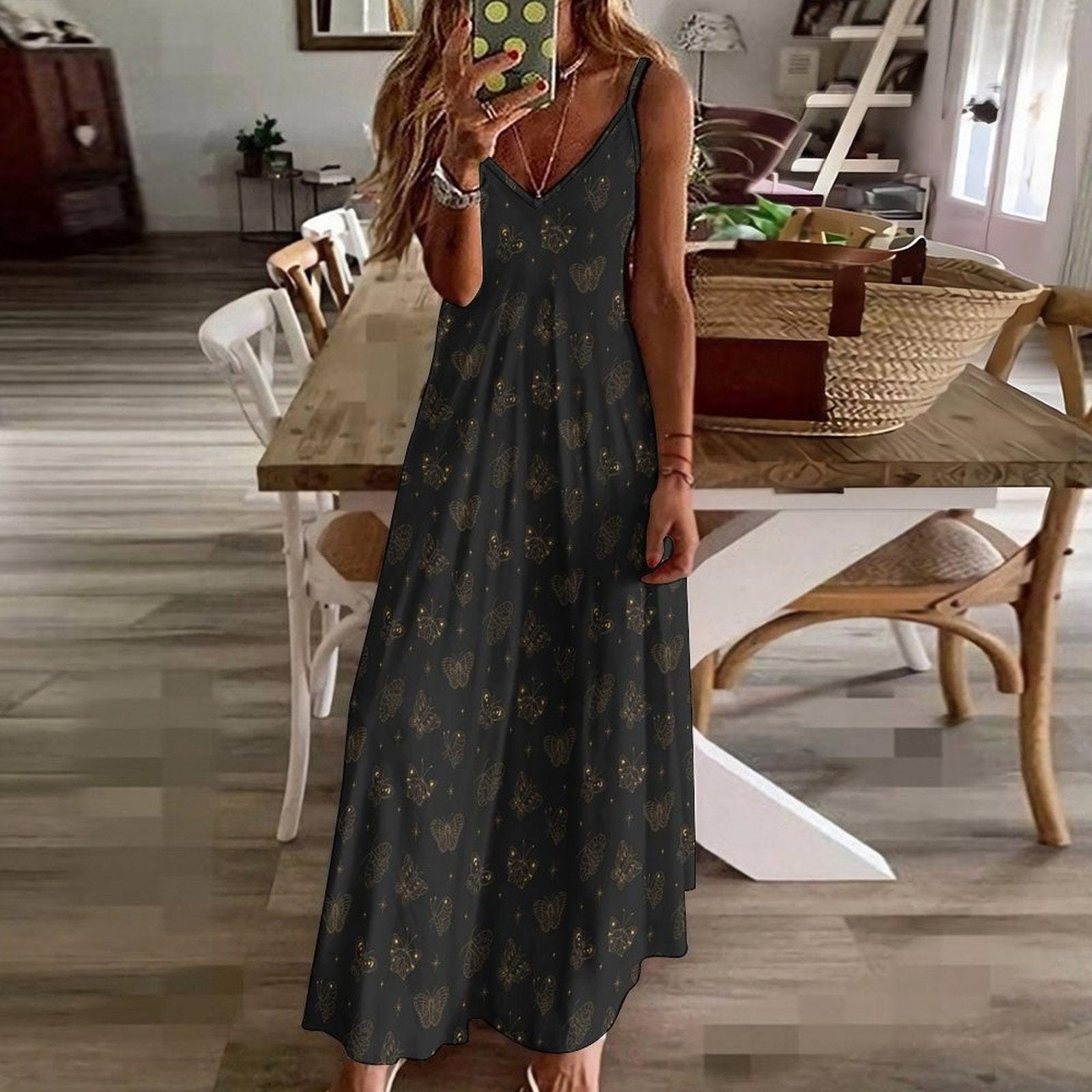 Celestial Butterfly Maxi Dress, Black Moth Slip Sundress, Boho Floral Vacation Outfit