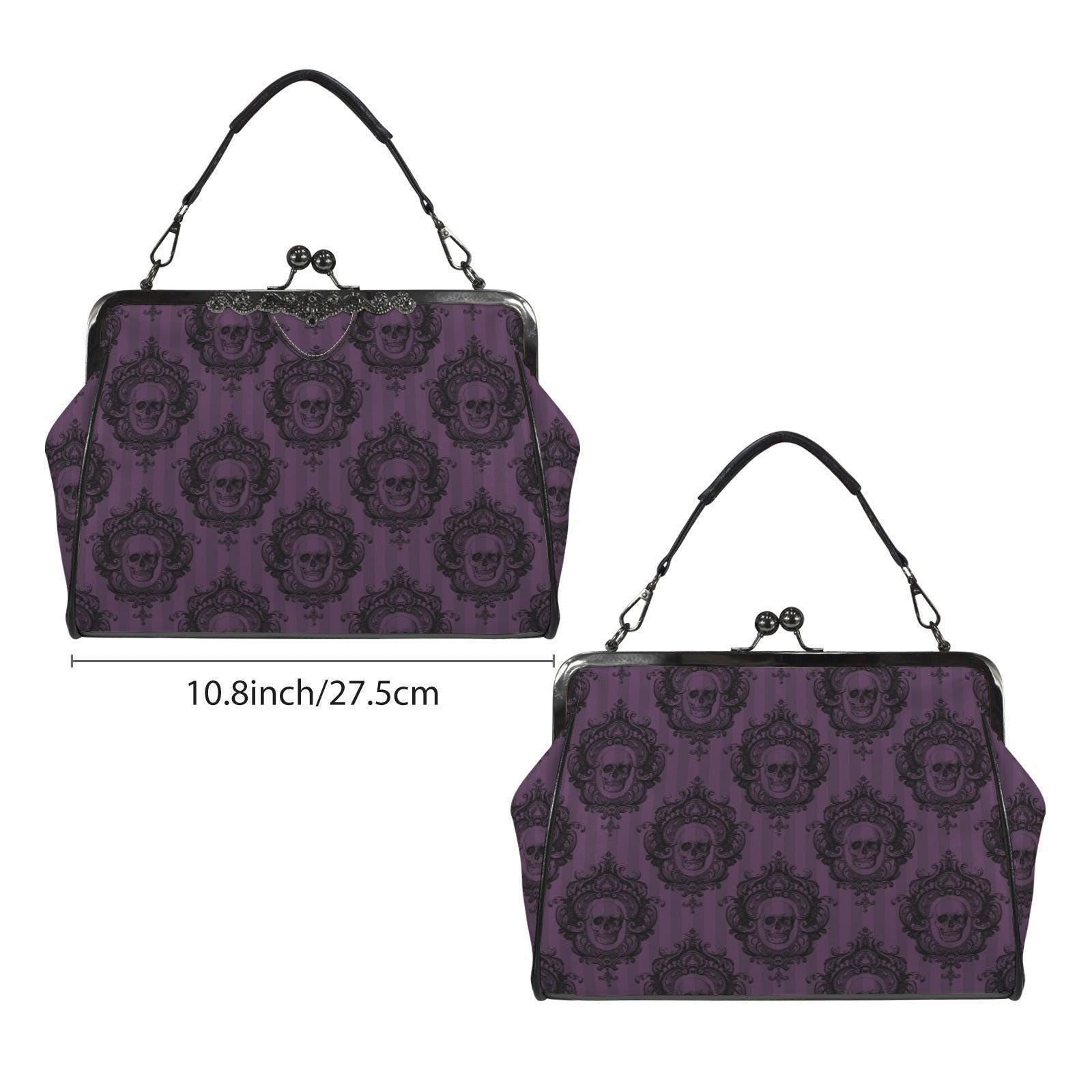 Purple Skull Cameo Kiss Lock Bag, Victorian Frame Handbag, Gothic Evening Purse