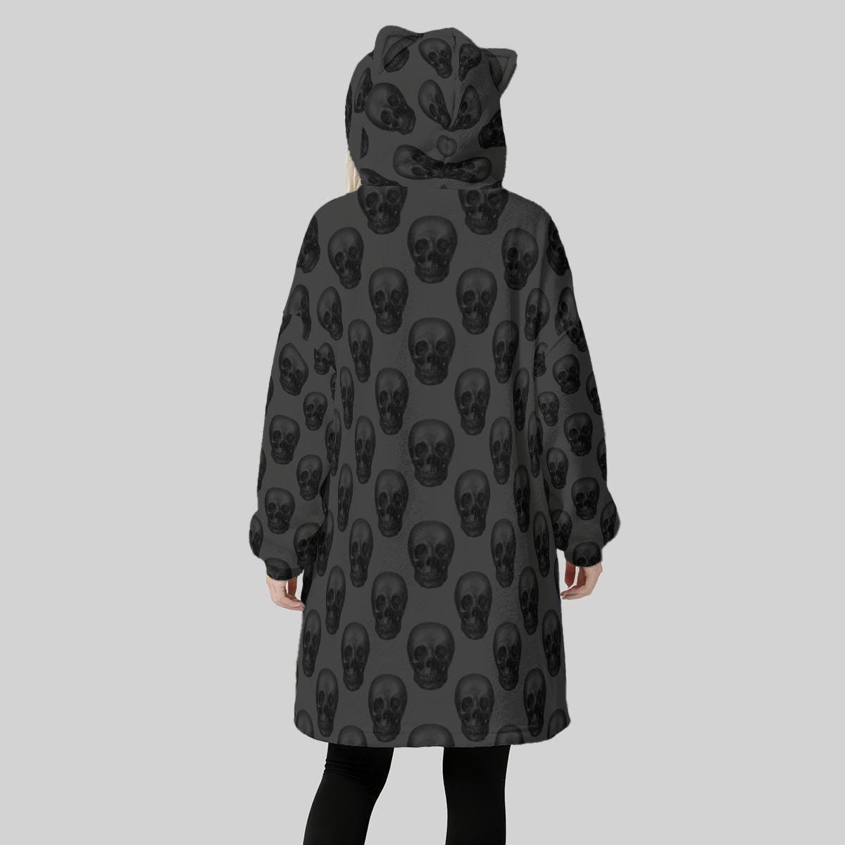 Skull Cat Ear Hooded Blanket, Oversized Cozy Wearable Lounge Hoodie for Halloween