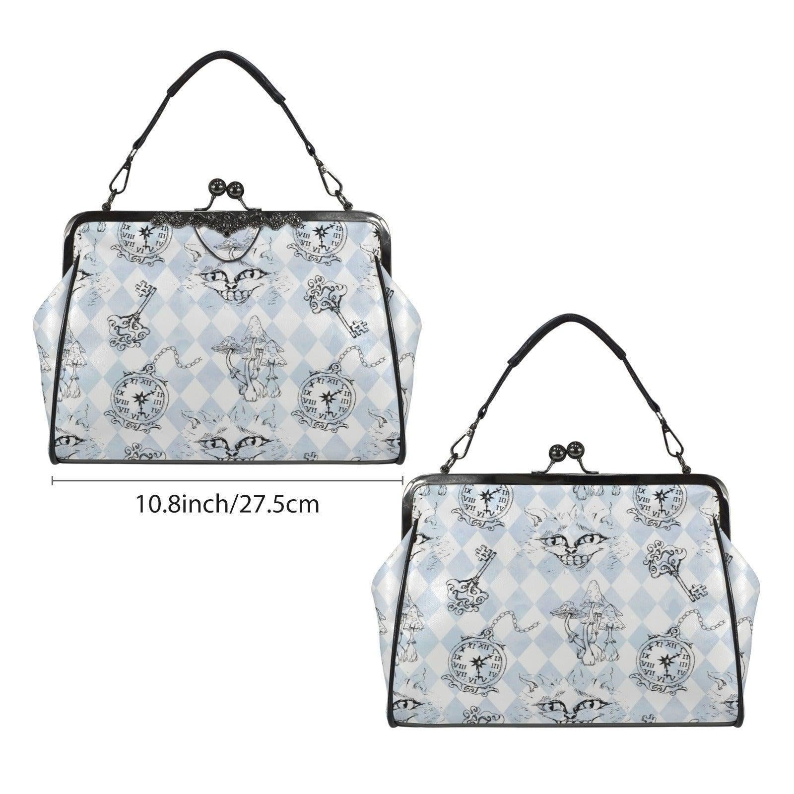 Kiss Lock Cat Handbag, Whimsical Mushroom Purse, Vintage Storybook Satchel