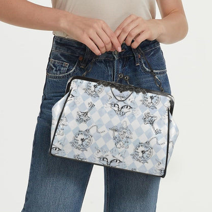 Kiss Lock Cat Handbag, Whimsical Mushroom Purse, Vintage Storybook Satchel