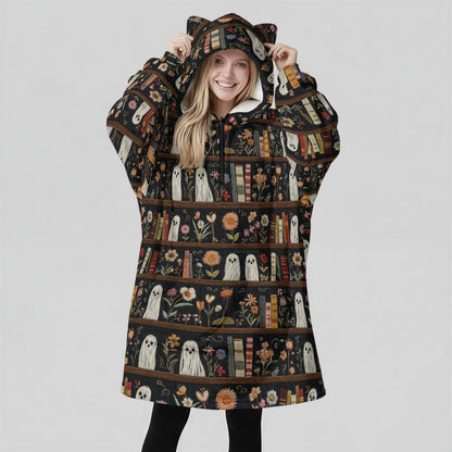 Ghost Bookshelf Hooded Blanket, Spooky Floral Cozy Reading Hoodie