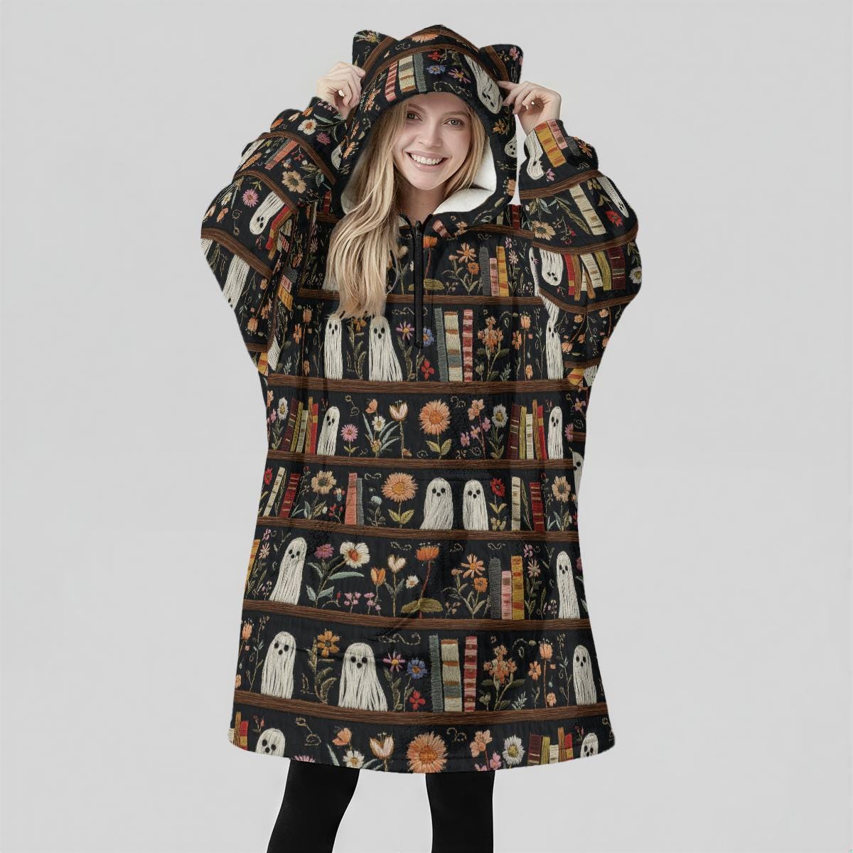 Ghost Bookshelf Hooded Blanket, Spooky Floral Cozy Reading Hoodie