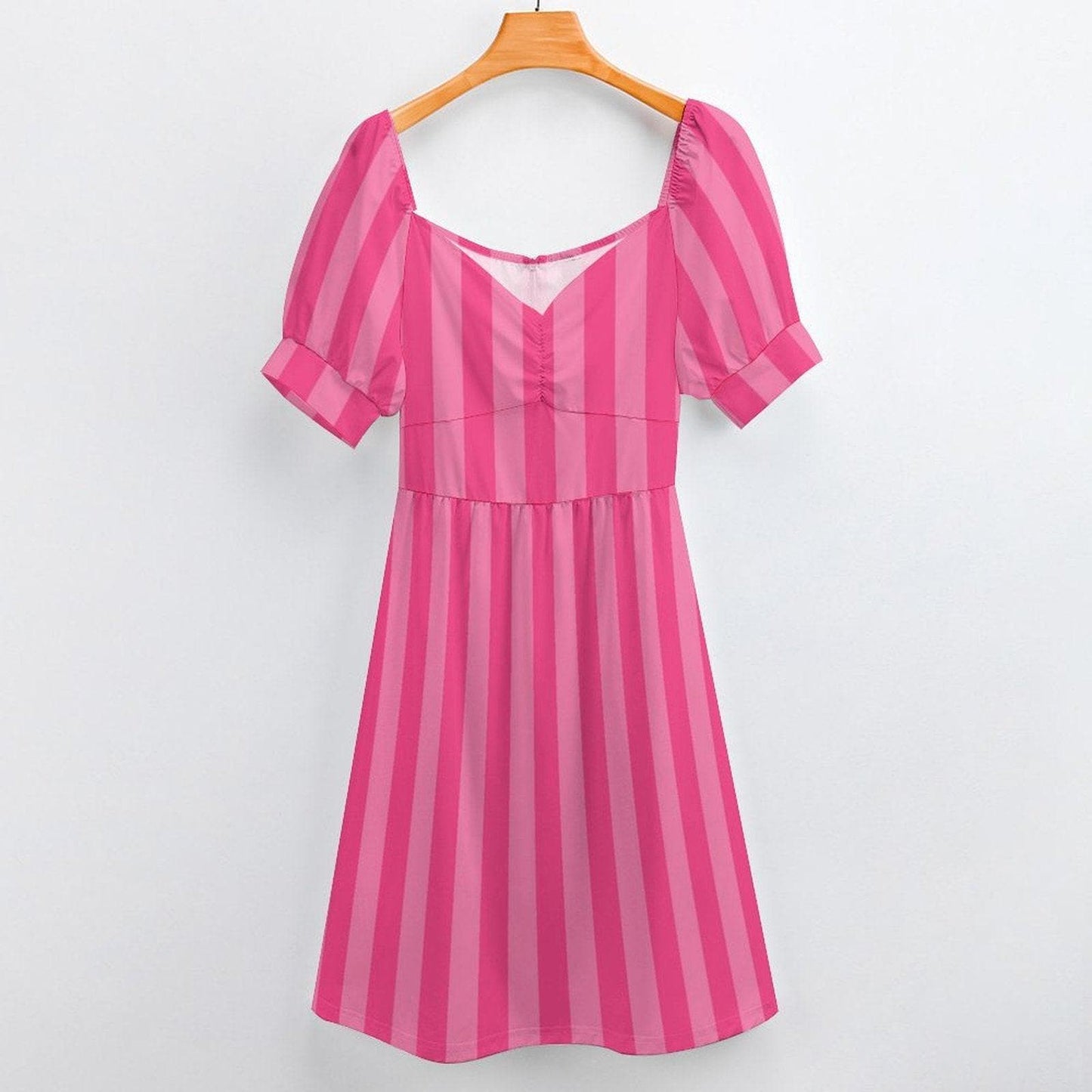 Pink Striped Babydoll Dress, Sweetheart Puff Sleeve Sundress, Cottagecore Picnic Outfit